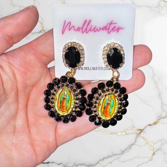 New Beautiful Virgin Mary Rhinestone Black Dangle Earrings Virgen de Guadalupe‎ - Picture 3 of 3